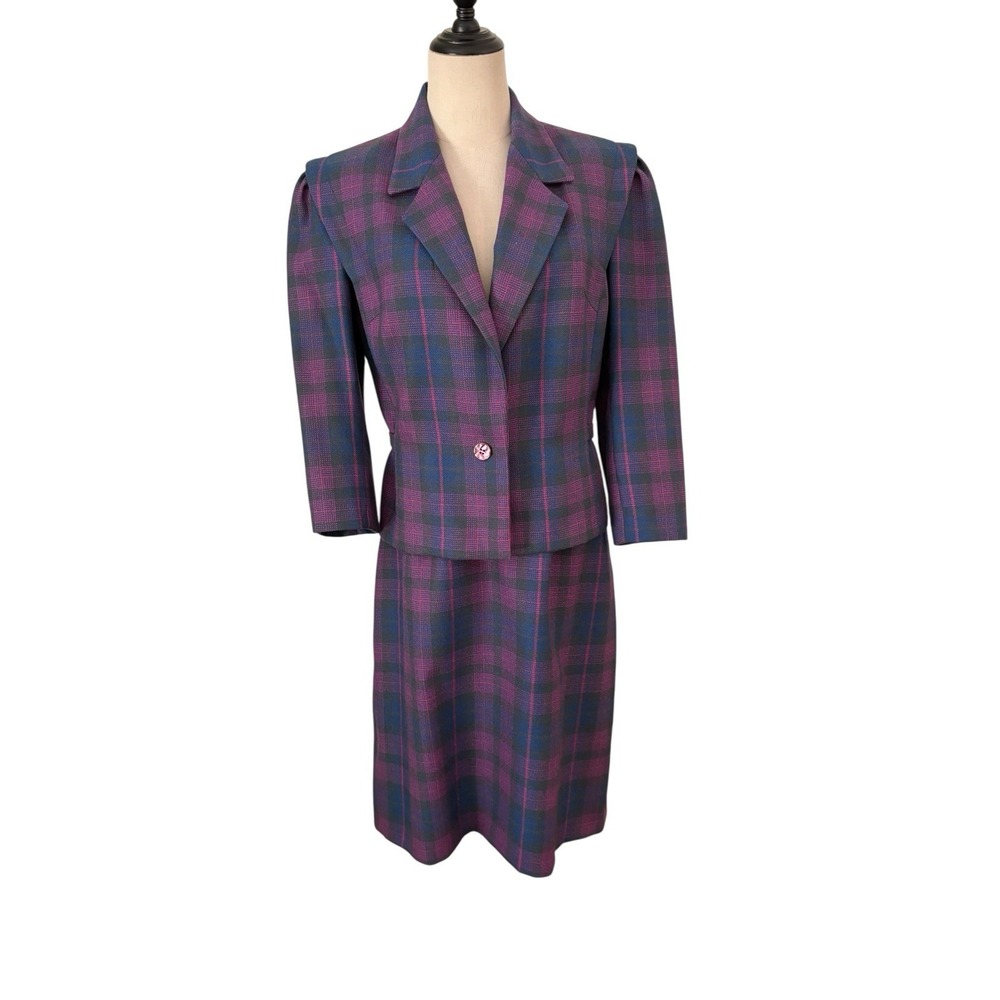 Vtg 80s Utah Tailoring Designer Suit Skirt Set‎ Pink Purple Plaid Dopamine